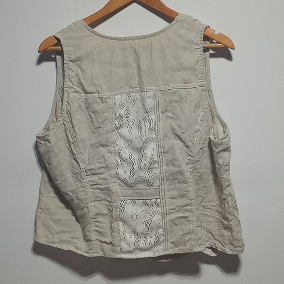 Vintage Coldwater Creek Linen Vest Size 18 Tan Cotton Core Crochet Lace - Picture 2 of 8